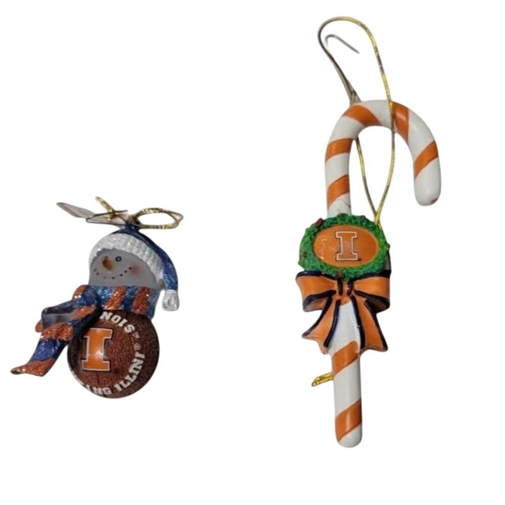 🏀 Illinois Fighting Illini Ornament Lot 2 Snowman Candy Cane NCAA Holiday Decor